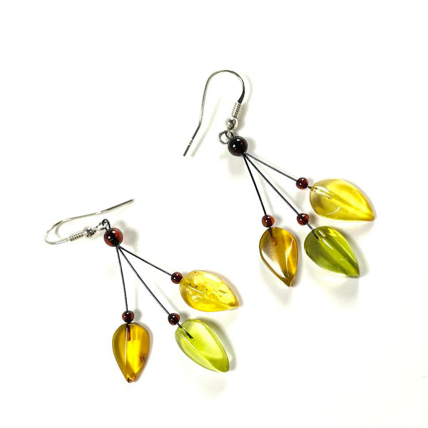 SS Multicolor Amber Three Leaf Dangle Earrings