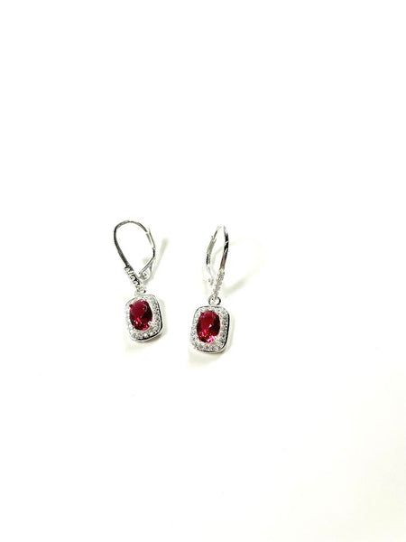 SS Created Ruby Oval and Square Dangle Earrings