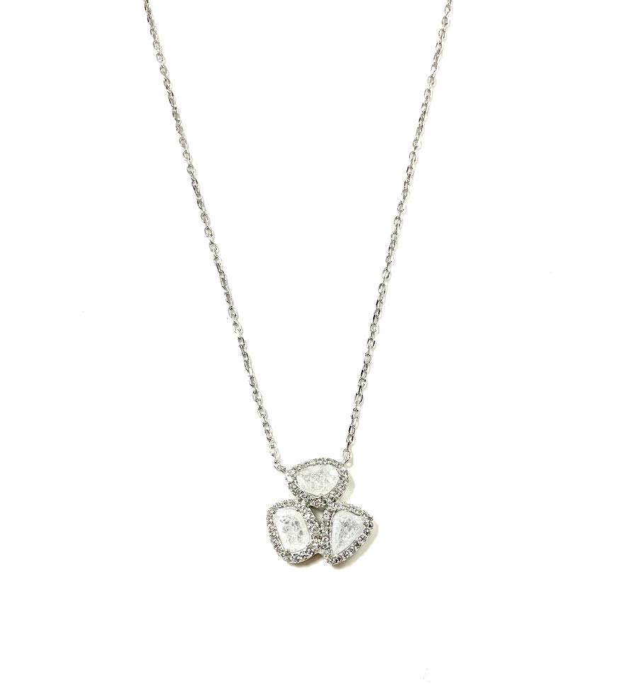 SS Three Quartz Crystal Freeform Necklace