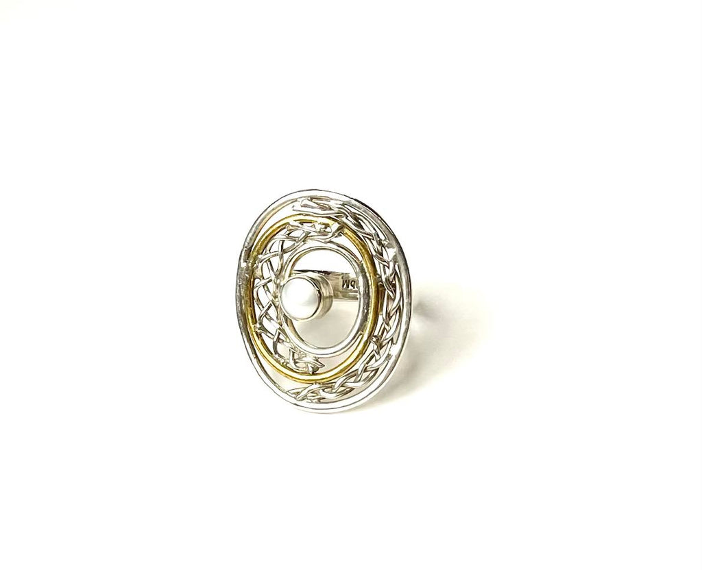 SS Brass Pearl Oval Ring Size 6.75
