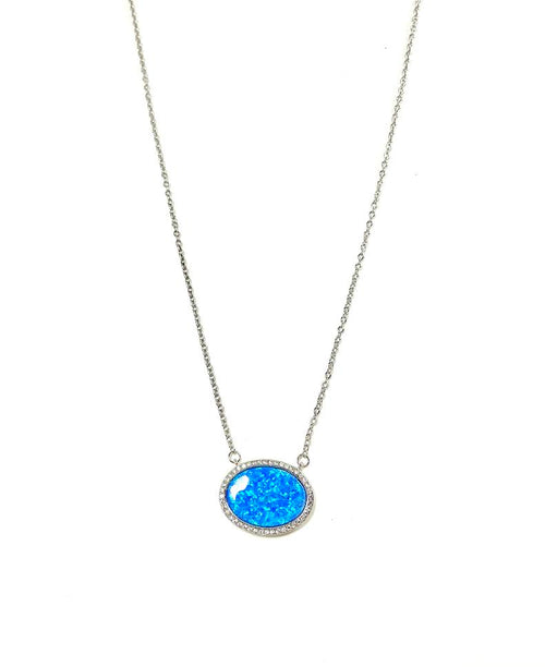 SS Created Opal and CZ Oval Necklace
