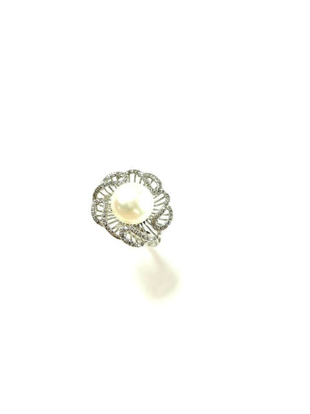 SS Pearl and CZ Wavy Flower Ring Size 6