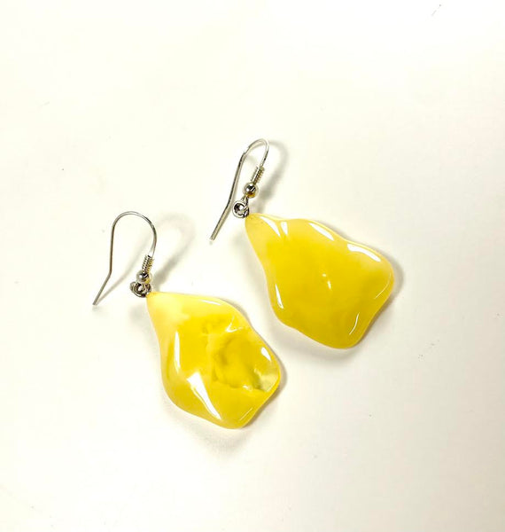 SS Butterscotch Amber Nugget Wavy Dangle Earrings