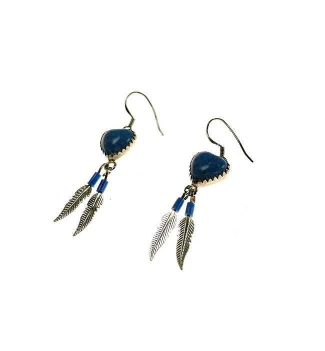 SS Lapis Heart and Feather Dangle Earrings