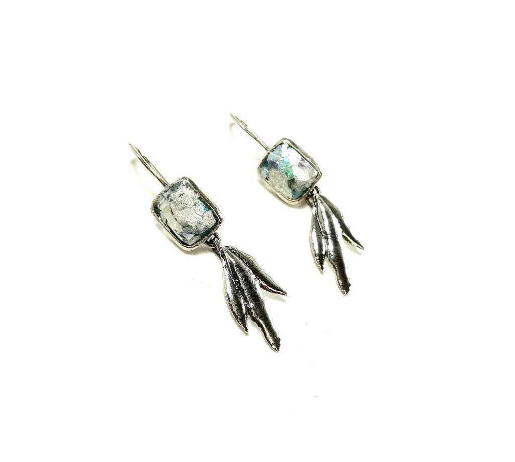 SS Roman Glass Three Leaf Square Dangle Earrings