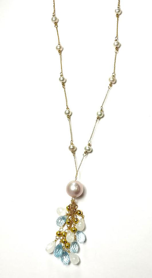 18K Pearl, White and Blue Topaz Drop Necklace