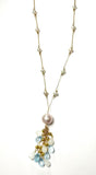 18K Pearl, White and Blue Topaz Drop Necklace