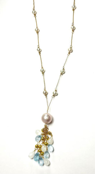 18K Pearl, White and Blue Topaz Drop Necklace