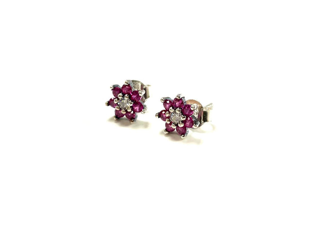 SS Created Ruby and CZ Flower Studs