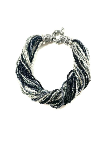 NP Art Glass Silver and Black Multi-Strand Beaded Bracelet