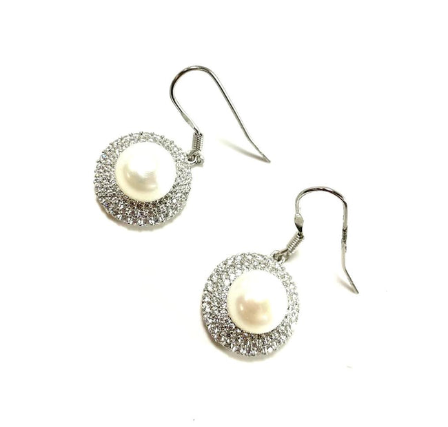 SS Pearl and CZ Circle Dangle Earrings