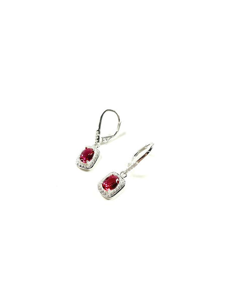 SS Created Ruby Oval and Square Dangle Earrings