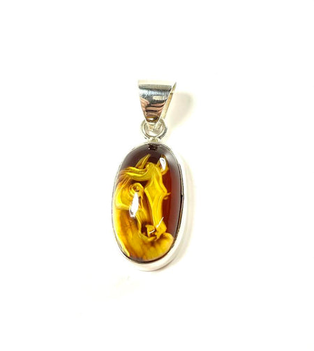 SS Amber Horse Carved Pendant with Rope Twist Outline