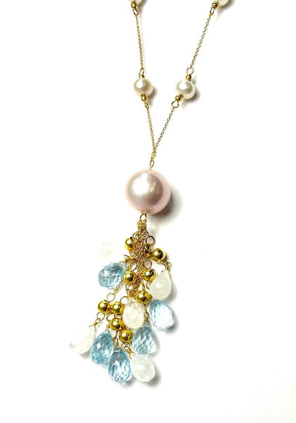 18K Pearl, White and Blue Topaz Drop Necklace