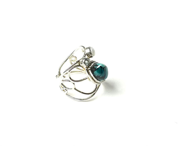 SS Turquoise, Pearl, and Blue Topaz Wide Ring Size 6