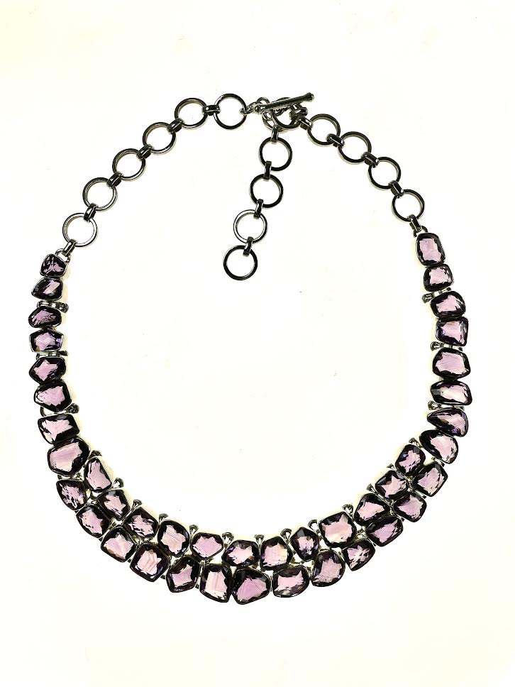 SS Amethyst Two Row Bezel Necklace