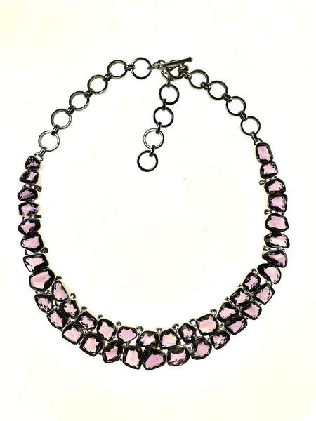 SS Amethyst Two Row Bezel Necklace
