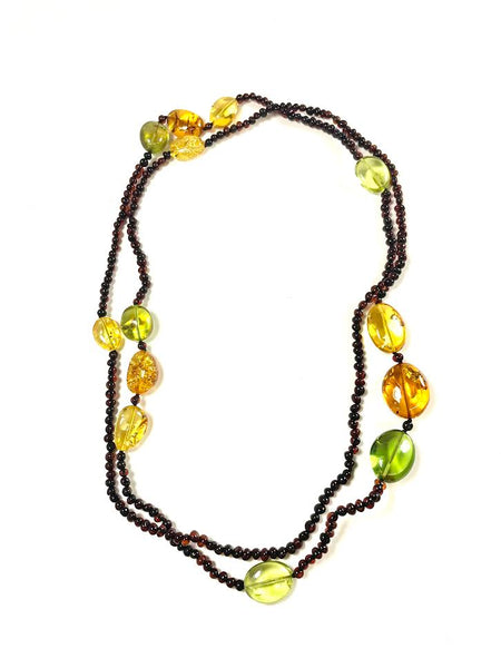 Carved Amber Barrel and Biwa Stick Pearl Necklace