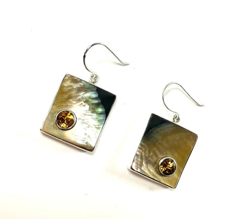 SS Mother of Pearl and Citrine Two Tone Dangle Earrings