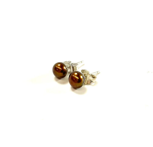 SS Fresh Water Pearl 5mm Chocolate Earrings