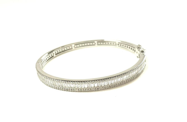 SS CZ Three Row One Baguette Bangle Bracelet