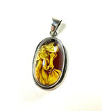 SS Amber Horse Carved Oval Pendant