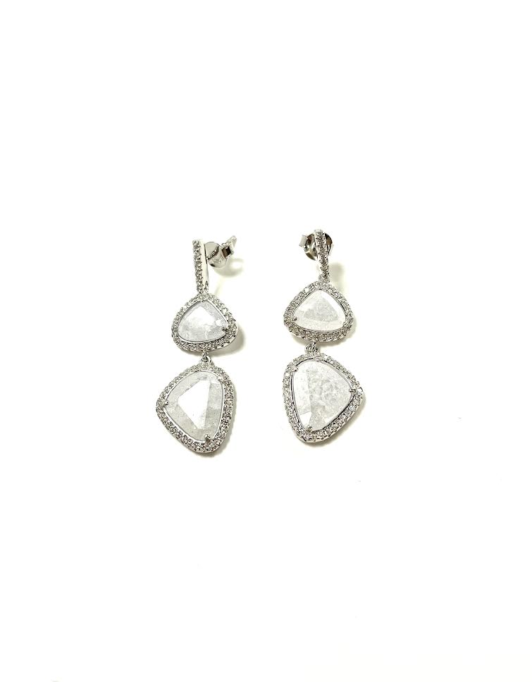 SS Quartz Crystal and CZ Freeform Dangle Earrings
