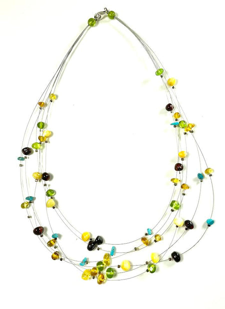 Carved Amber Barrel and Biwa Stick Pearl Necklace
