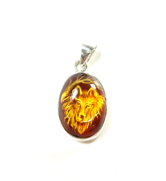 SS Amber Lion Carved Pendant