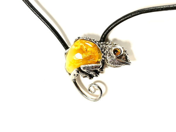 SS Butterscotch Amber Chameleon Necklace