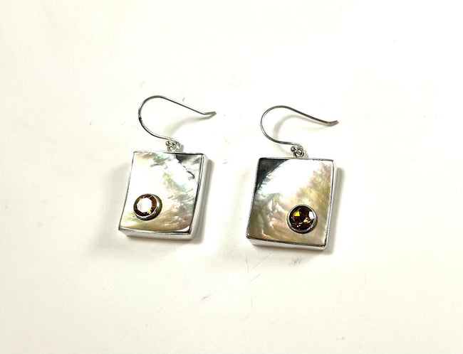 SS Mother of Pearl and Citrine Two Tone Dangle Earrings
