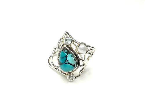 SS Turquoise, Pearl, and Blue Topaz Wide Ring Size 6
