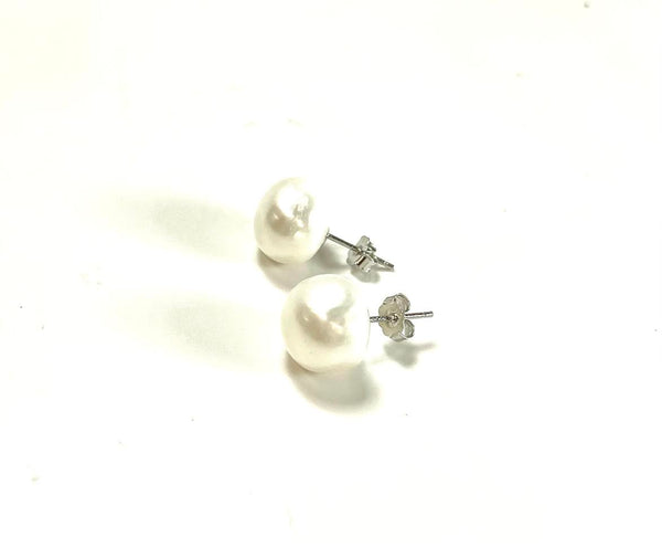 SS Fresh Water Pearl 11mm White Stud Earrings