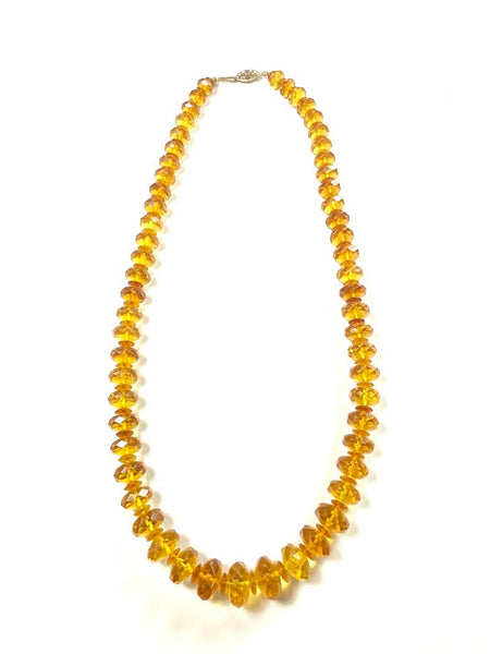 Carved Amber Barrel and Biwa Stick Pearl Necklace
