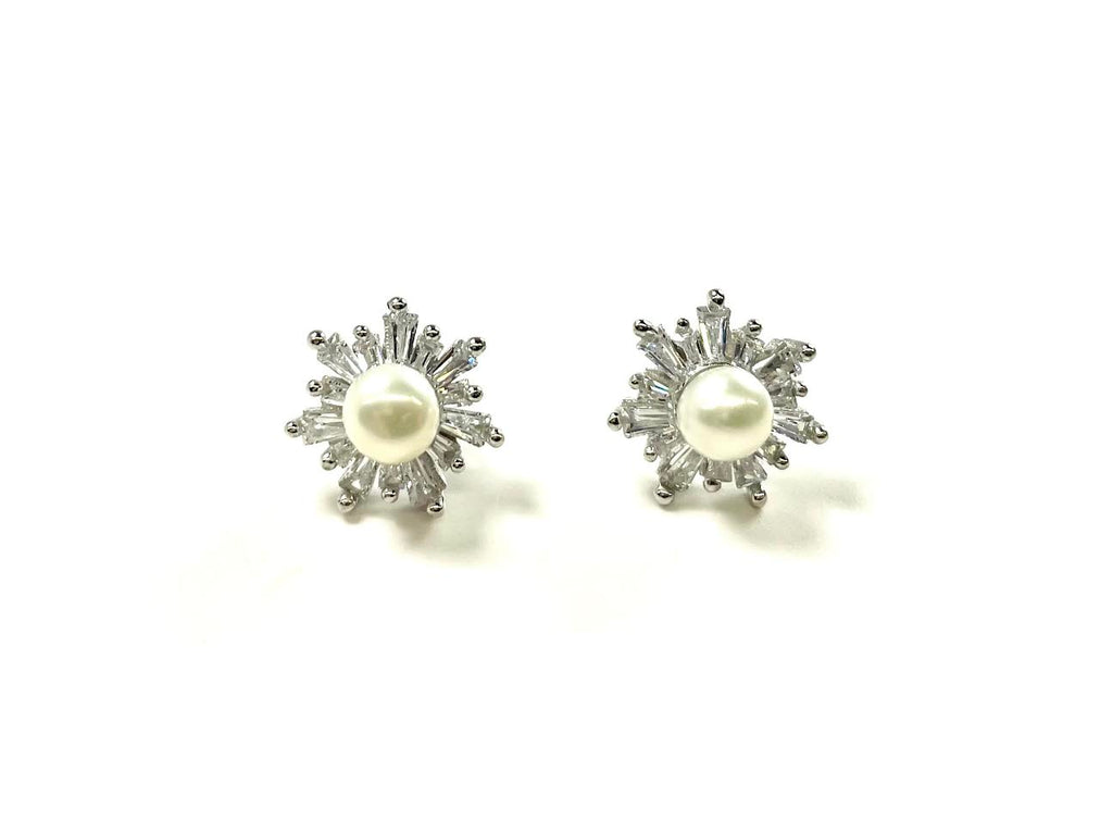 SS Pearl CZ Sunburst Stud Earrings