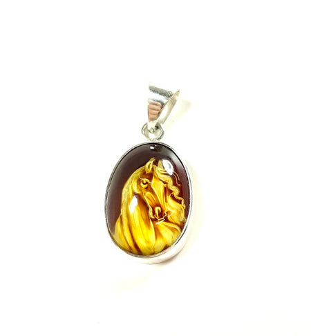SS Amber Horse Carved Oval Pendant