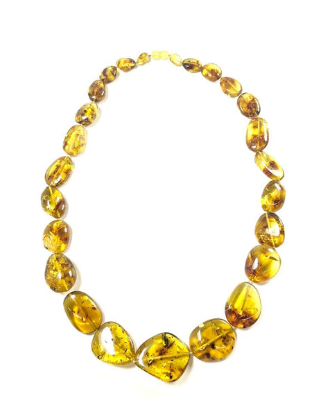 Carved Amber Barrel and Biwa Stick Pearl Necklace