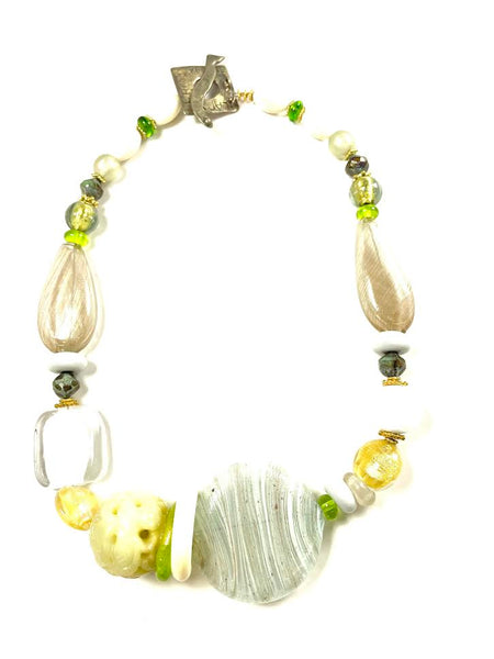 Carved Amber Barrel and Biwa Stick Pearl Necklace