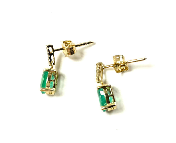 14K Emerald Oval and Diamond Drop Earrings