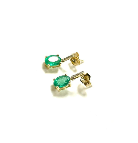 14K Emerald Oval and Diamond Drop Earrings