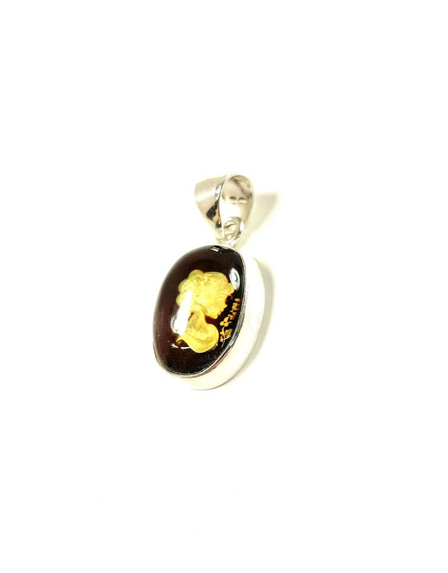 SS Amber Carved Lady Pendant