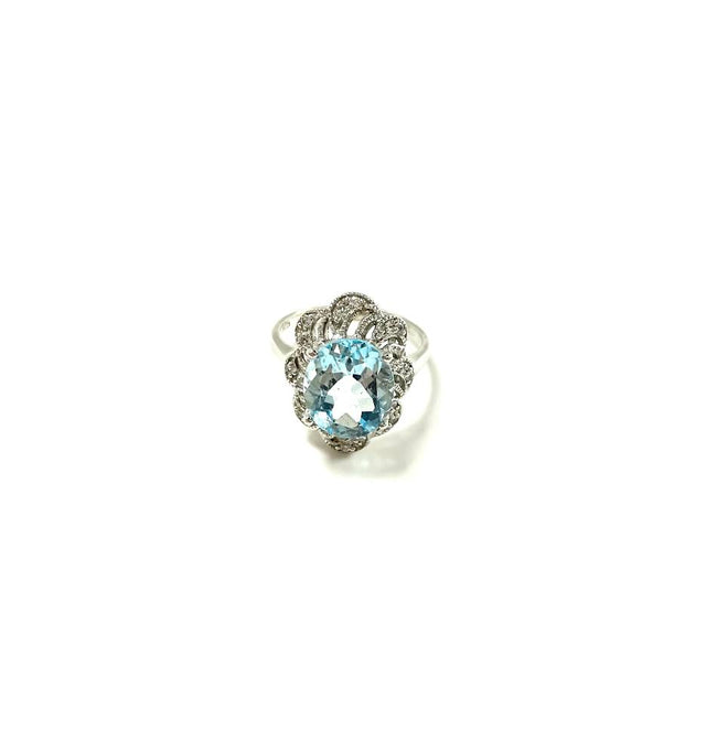 SS Blue Topaz and CZ Ring Size 7