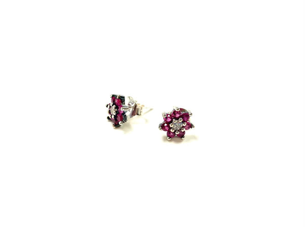 SS Created Ruby and CZ Flower Studs