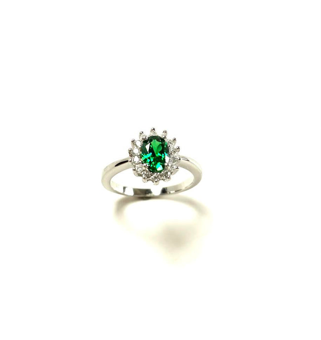SS Created Emerald and CZ Flower Ring Size 7