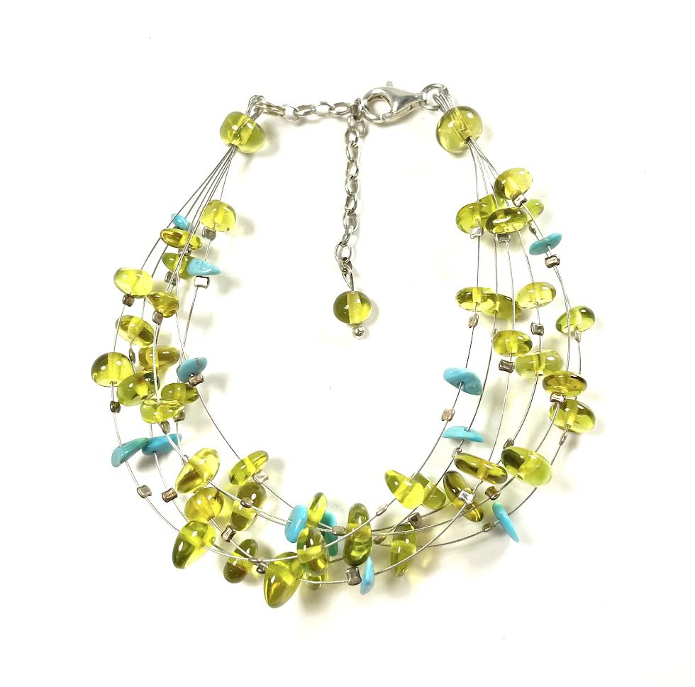 SS Green Amber and Turquoise Six Strand Bracelet