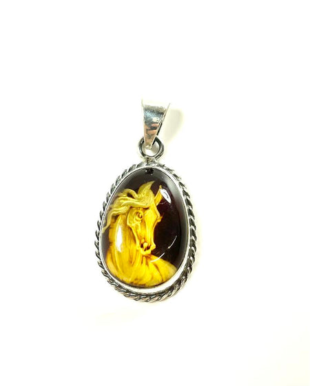 SS Amber Lion Carved Pendant