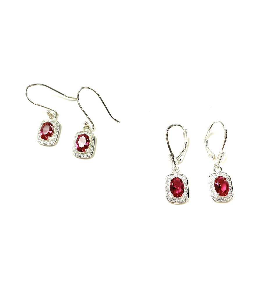 SS Created Ruby Oval and Square Dangle Earrings