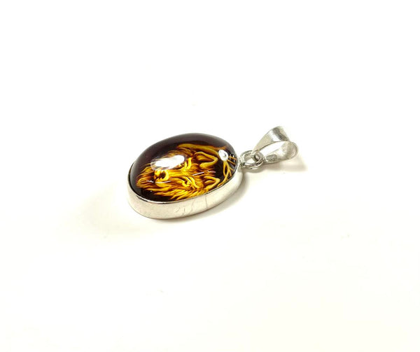 SS Amber Lion Carved Pendant