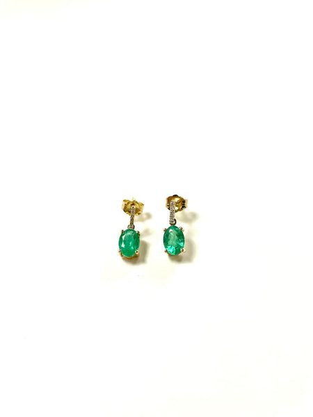 14K Emerald Oval and Diamond Drop Earrings