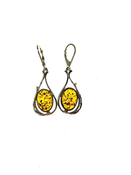 SS Amber Oval Teardrop Dangle Earrings